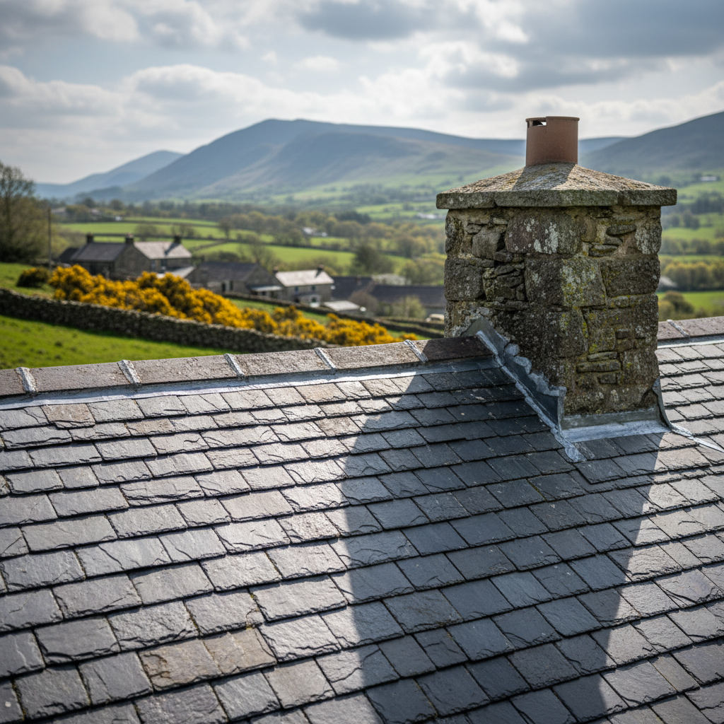A close-up view of traditional Welsh slate roofing with hand-cut edges and lead flashing on a historic stone building in North Wales.