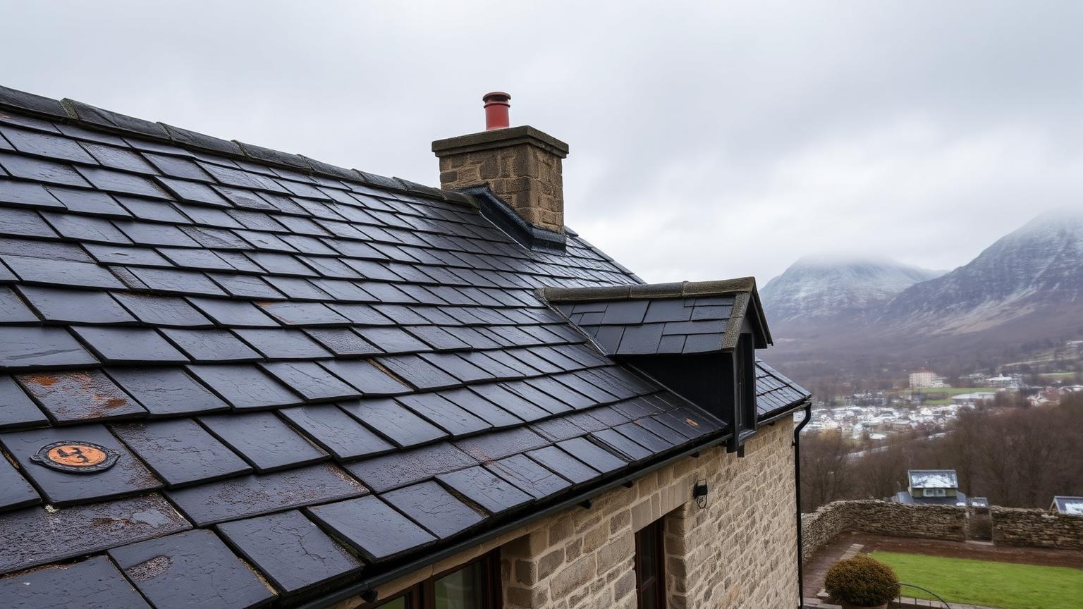A traditional Welsh slate roof in Bethesda near Snowdonia, showing weathered ridge tiles and lead flashing against a dramatic winter sky.