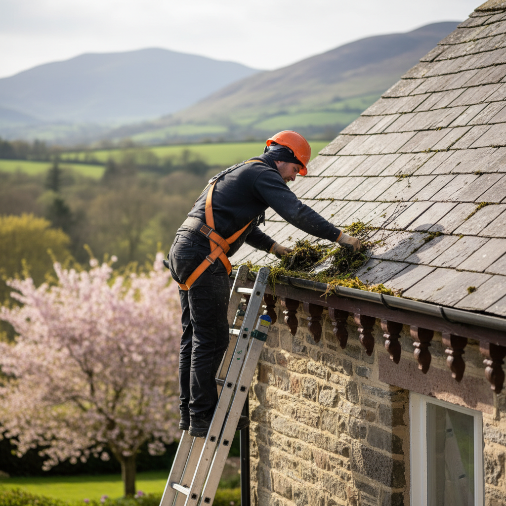 A professional roofer inspecting and cleaning debris from a gutter on a traditional North Wales home with slate roofing and timber fascias.