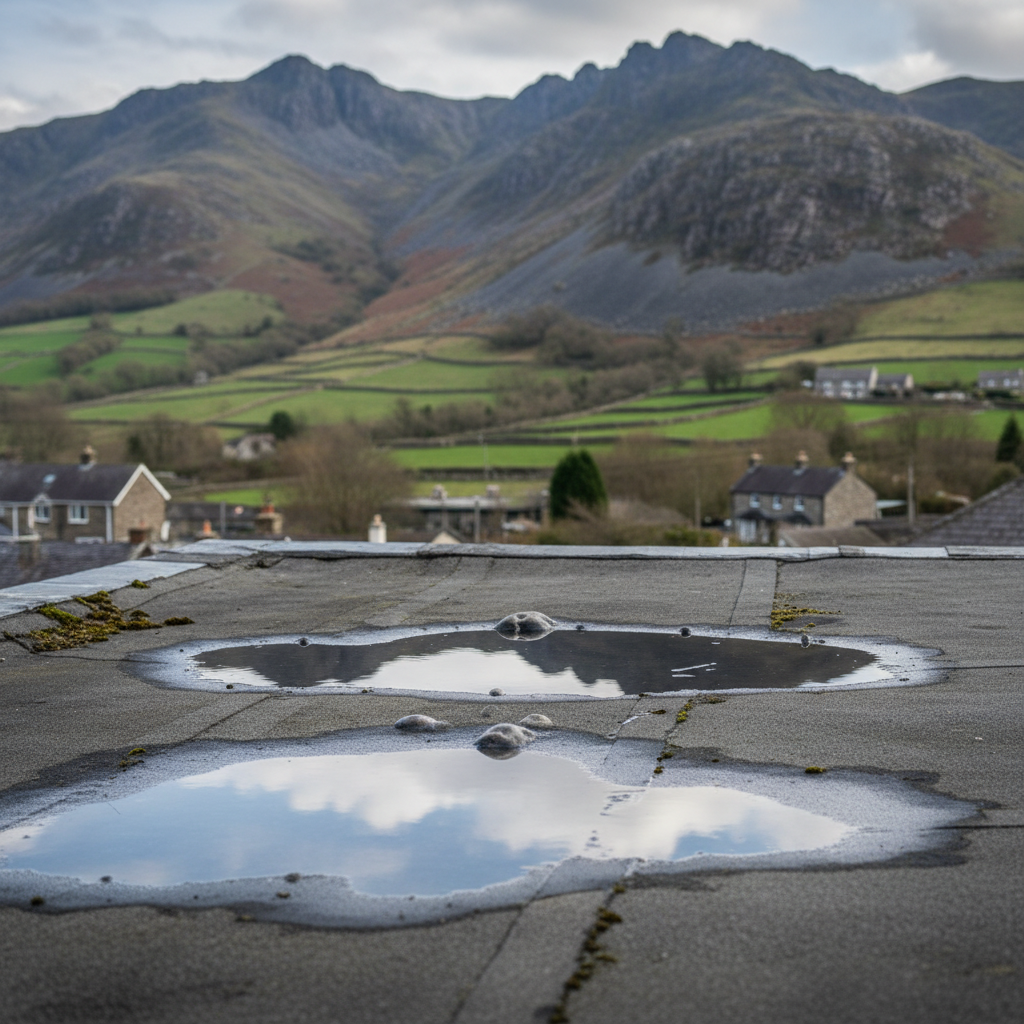 A close-up view of a grey flat roof showing signs of water ponding and minor surface wear, with a slate-covered North Wales mountain in the background.