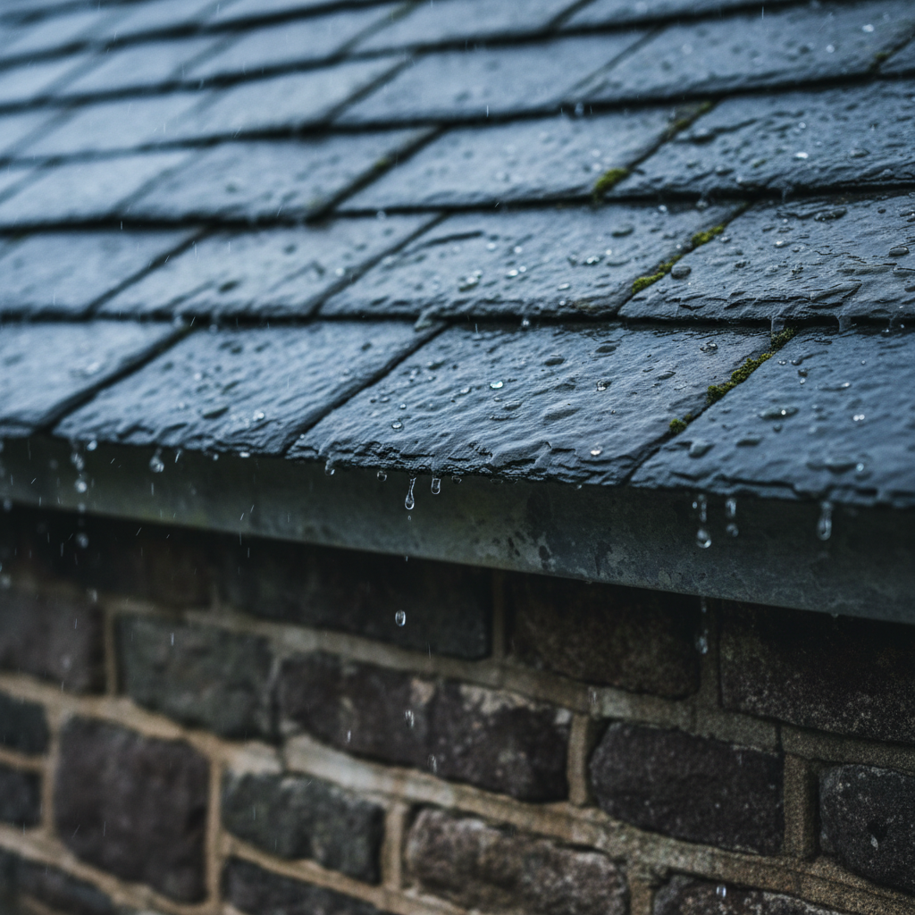 A close-up of traditional Welsh slate roofing with rain droplets, highlighting the texture and durability required for North Wales winters.