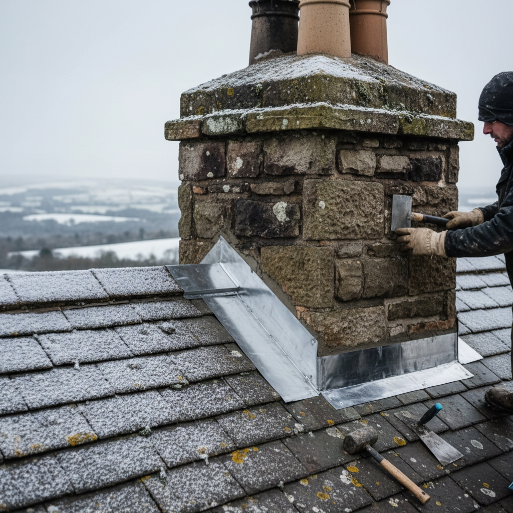 Close-up of professional lead flashing being installed on a traditional slate roof chimney stack in North Wales, showing clean mortar joints and stepped leadwork.
