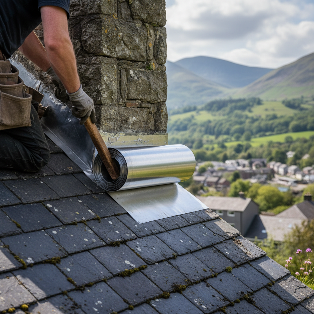 A close-up of professional lead flashing being dressed into a stone chimney stack on a traditional Welsh slate roof in Bethesda.