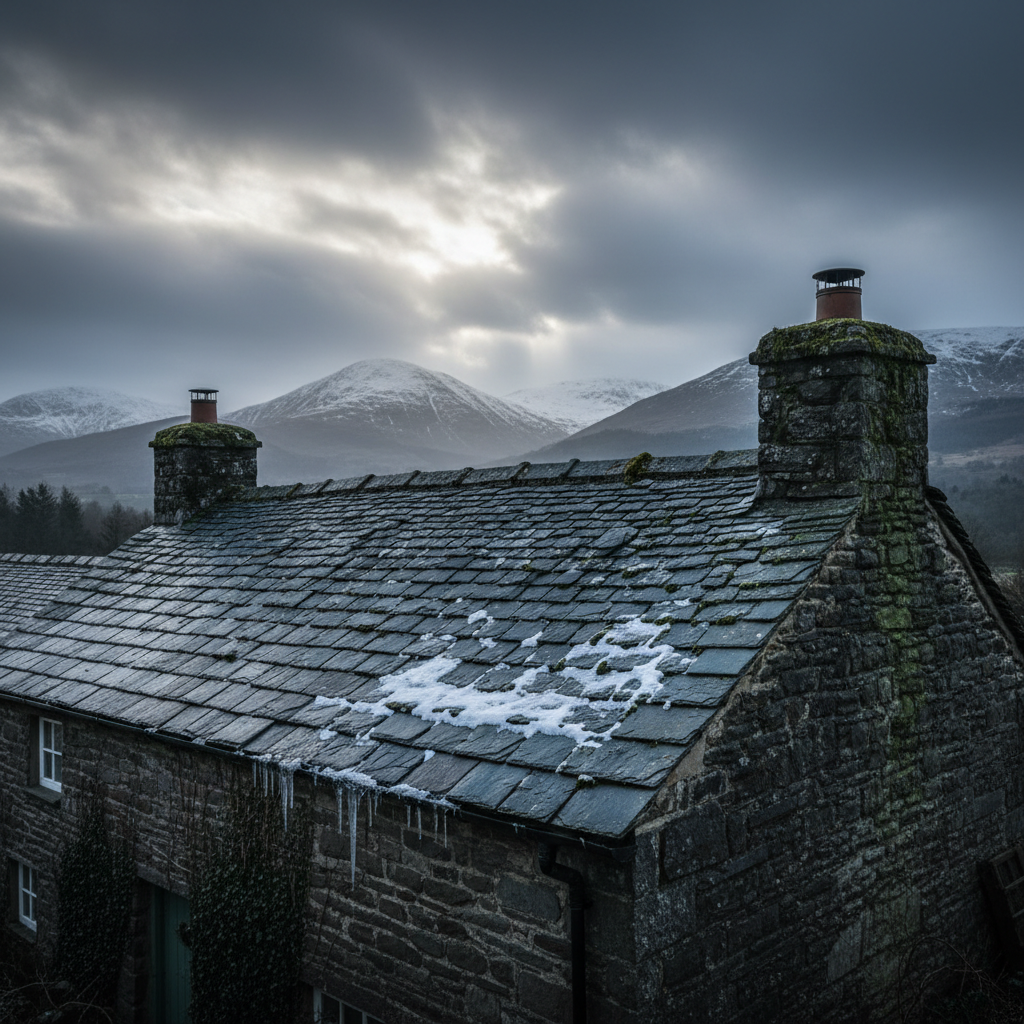A traditional Welsh slate roof in Bethesda near Snowdonia, showing weathered ridge tiles and lead flashing against a dramatic winter sky.