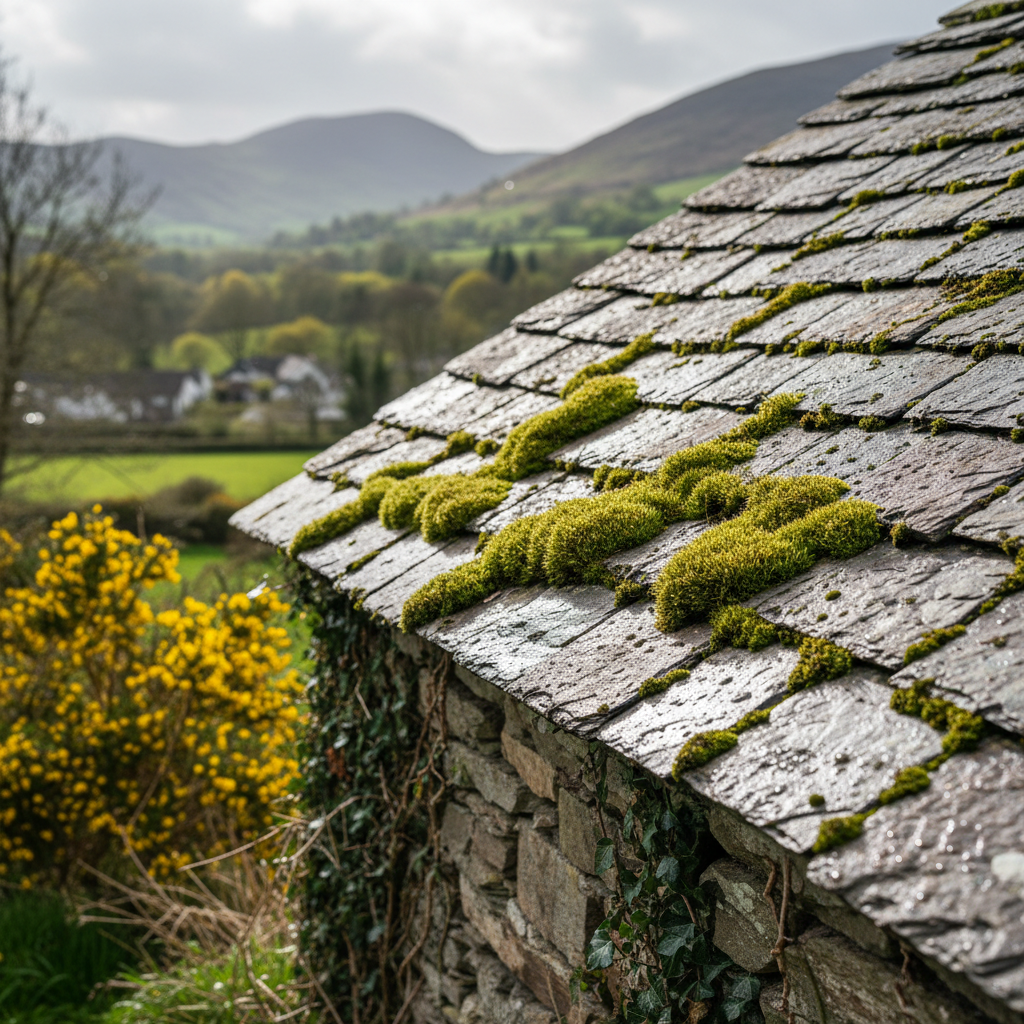 A close-up view of a Welsh slate roof with green moss growing in the gaps between the slates on a traditional North Wales cottage.