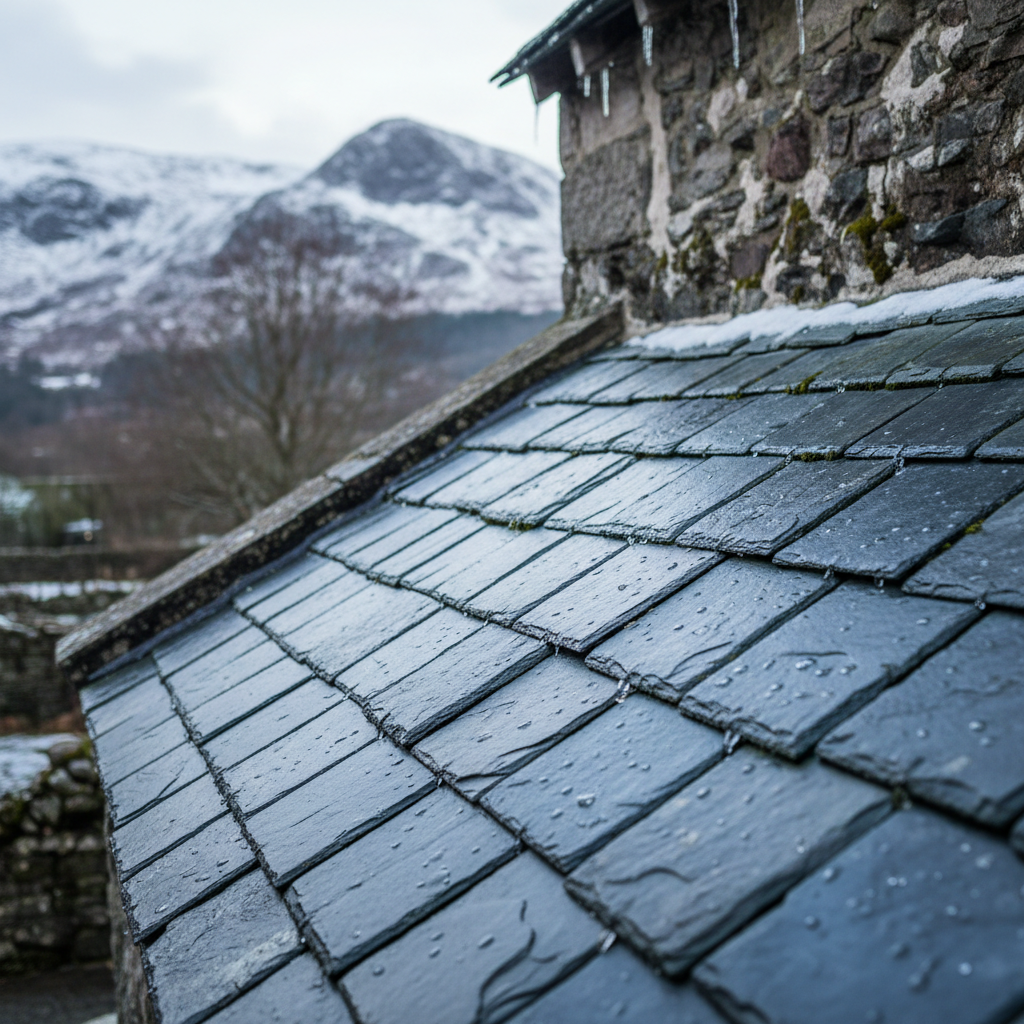 A close-up view of traditional Welsh slate roofing tiles expertly laid on a heritage property in Bethesda, North Wales, showing the natural blue-grey texture.